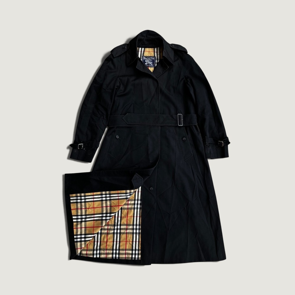 Vintage Burberrys Trench Coat Black Nova Check Lining Made in England 48 Length